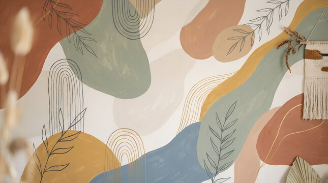 Seamless abstract boho pattern featuring earth tone liquid shapes, botanical leaf line art, and rainbow arches on light background. Ideal for wallpaper, textiles, and print design.