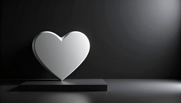 A minimalist 3D render of a white heart on a black pedestal against a dark backdrop, evoking themes of love and simplicity