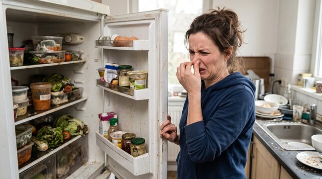 Woman Grimacing at a Smelly Refrigerator Filled With Spoiled Food and Unhygienic Kitchen Mess