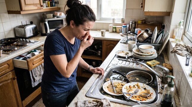 Woman Pinching Her Nose Near a Clogged Sink With Dirty Dishes Grime and Foul Smell