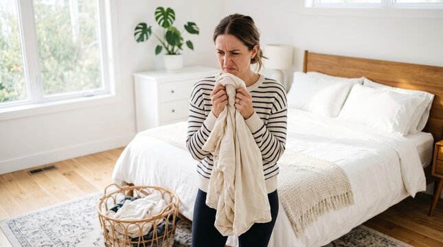 Woman Smelling an Unpleasant Stale Odor From a Used Bedsheet Before Doing the Laundry