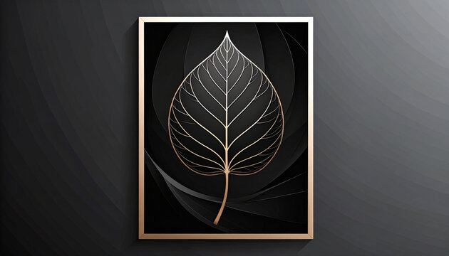 Golden line art leaf painting in a frame on a dark background for elegant modern interior decor