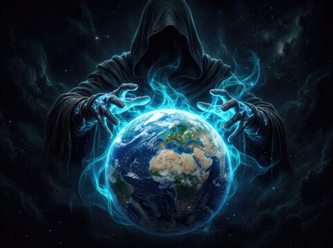 A dark hooded grim reaper figure casting a powerful glowing blue magic spell over a fragile planet earth in deep space