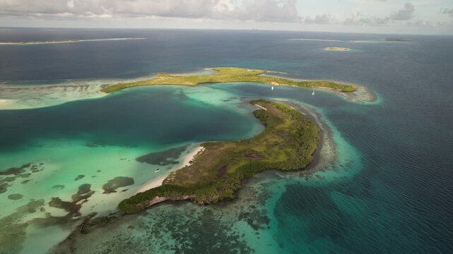Los Roques, Los Roques, Venezuela - 28 December 2024: Aerial view of the Los Roques archipelago featuring turquoise waters, coral reefs, and small islands.