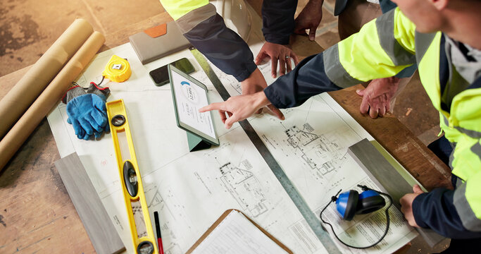 Hands, team and blueprint with tablet screen for architecture, project management and pointing. Above, engineer people and floorplan with tech for stock pricing, design evaluation or brainstorming