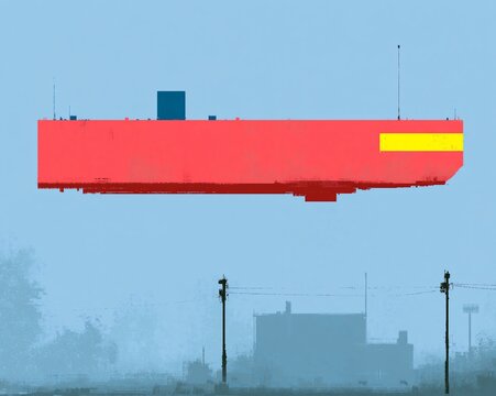 flying spaceship in vivid contrast to the dreary Earth landscape it towers over.