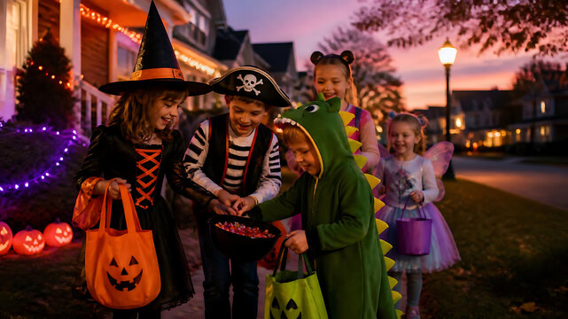 Children Trick or Treating in Halloween Costumes | Kids Holding Pumpkin Buckets at Night | Festive Neighborhood Halloween Celebration