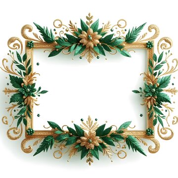 A green gold square shaped glitter border frame isolated on white background