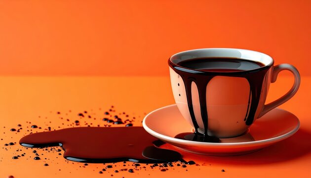 Spilled dark coffee or chocolate overflowing from a ceramic cup onto a vibrant orange surface with extensive copy space for advertising design.