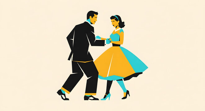 Minimalist illustration of a dancing couple in vintage attire, flat vector art style and bright colors.