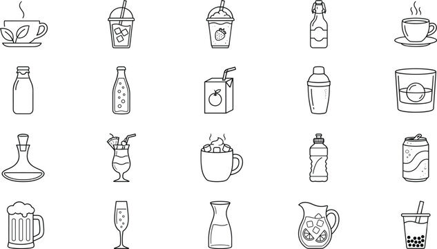 Beverage Line Icons Collection with Coffee Tea Juice Beer and Soft Drinks