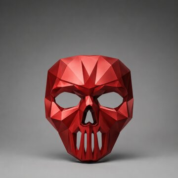 Geometric red skull mask on gray studio background