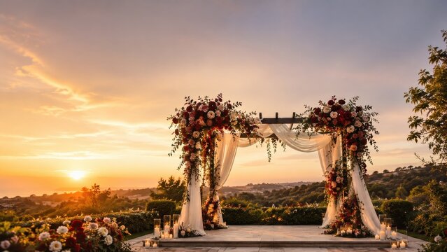 Sunset wedding arch decorated for outdoor ceremony