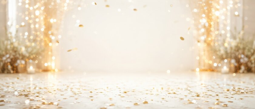 Gold confetti and glowing lights in empty room