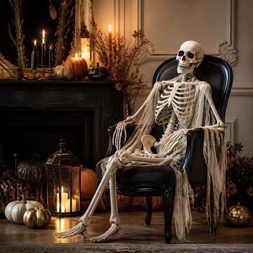 Skeleton in Vintage Chair With Candles | Gothic Halloween Room Decor | Haunted Mansion Interior With Pumpkins