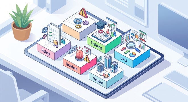 GDPR data protection architecture: controller‑processor, DPO, ROPA, privacy by design, DPIA, audit trail, compliance.