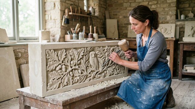 Female stone carver carving a bas relief in her workshop. Artisan sculptor using a mallet and chisel to carve oak leaves and an owl on stone