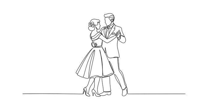 Continuous line drawing of a dancing couple in elegant vintage clothing on white background.