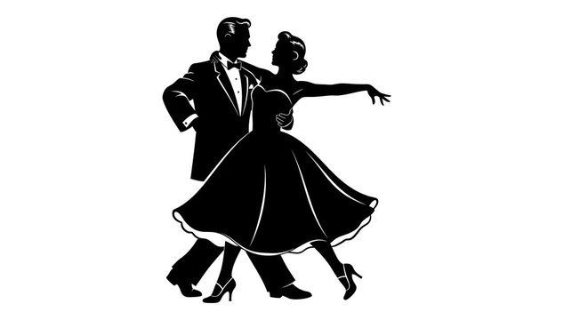 Silhouette of a dancing couple in elegant vintage clothing performing a ballroom dance.