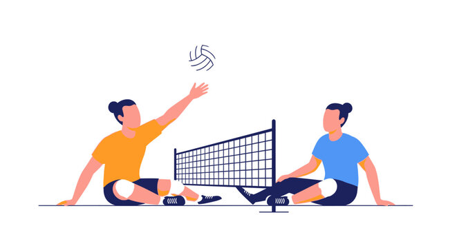 Two athletes playing sitting volleyball during a match.