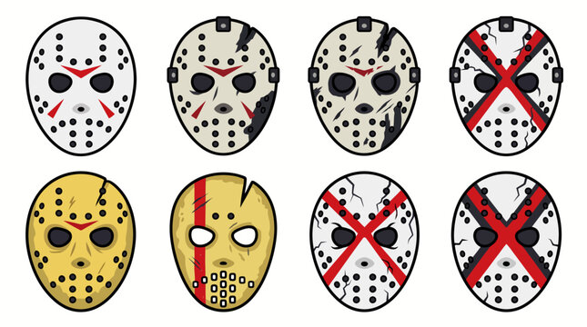 A collection of eight different hockey style horror masks featuring various weathered textures and red markings for halloween design