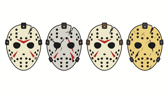 Set of four scary hockey masks with cracks and vintage textures for horror themed parties and halloween costume designs