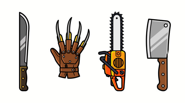 Set of scary horror movie weapons including a machete a clawed glove a chainsaw and a heavy kitchen meat cleaver
