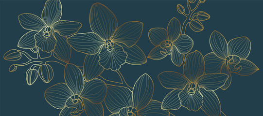 Obraz premium Luxury golden Orchid flower line art background vector. Natural botanical elegant flower with gold line art. Design illustration for decoration, wall decor, wallpaper, cover, banner, poster, card.