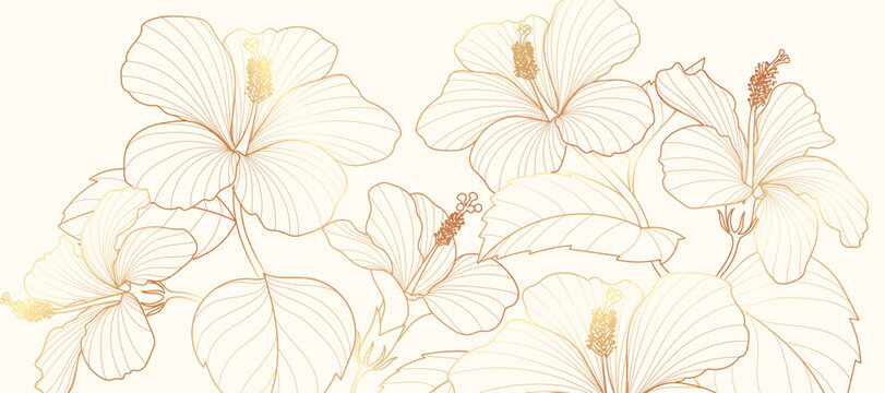 Luxury golden Orchid flower line art background vector. Natural botanical elegant flower with gold line art. Design illustration for decoration, wall decor, wallpaper, cover, banner, poster, card.