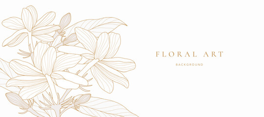 Obraz premium Botanical line art background vector. Natural botanical elegant flower with gold line art. Design illustration for decoration, wall decor, wallpaper, cover, banner, poster, card.