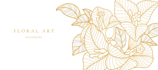Obraz premium Botanical line art background vector. Natural botanical elegant flower with gold line art. Design illustration for decoration, wall decor, wallpaper, cover, banner, poster, card.