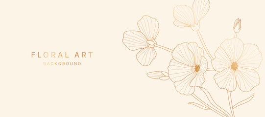 Obraz premium Botanical line art background vector. Natural botanical elegant flower with gold line art. Design illustration for decoration, wall decor, wallpaper, cover, banner, poster, card.