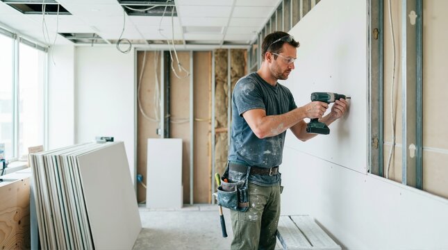 Construction worker installing drywall with a power drill. Male contractor framing an interior wall during an office renovation project. Skilled trade and commercial remodeling concept