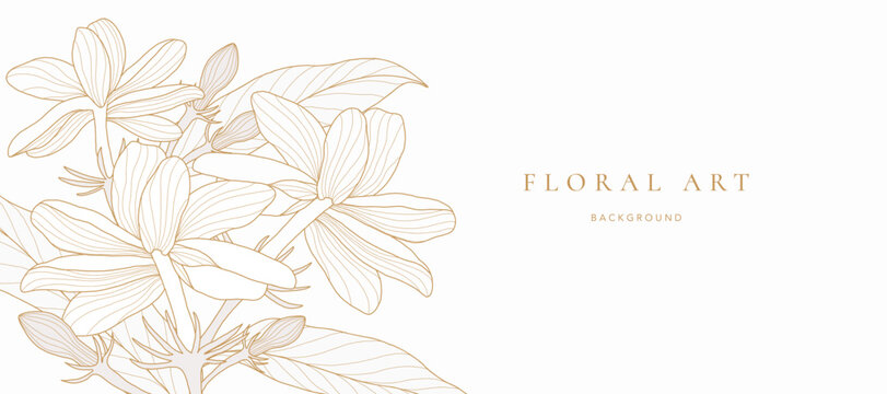 Botanical line art background vector. Natural botanical elegant flower with gold line art. Design illustration for decoration, wall decor, wallpaper, cover, banner, poster, card.