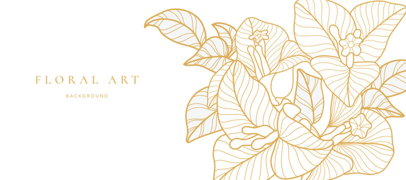 Botanical line art background vector. Natural botanical elegant flower with gold line art. Design illustration for decoration, wall decor, wallpaper, cover, banner, poster, card.