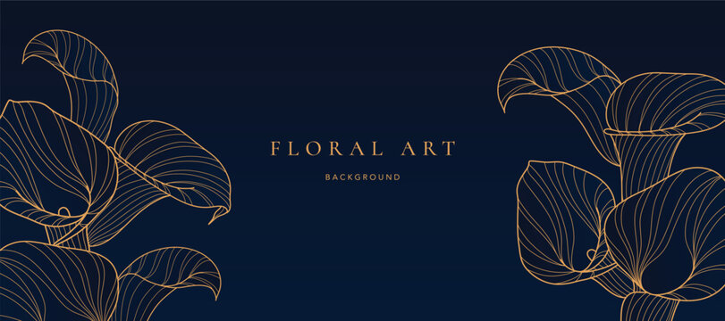 Botanical line art background vector. Natural botanical elegant flower with gold line art. Design illustration for decoration, wall decor, wallpaper, cover, banner, poster, card.