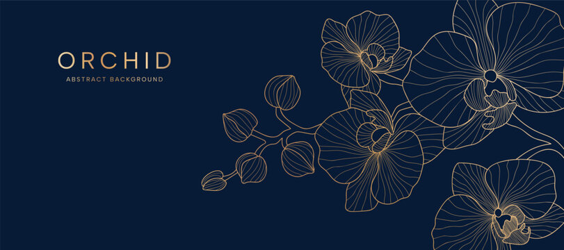 Luxury golden Orchid flower line art background vector. Natural botanical elegant flower with gold line art. Design illustration for decoration, wall decor, wallpaper, cover, banner, poster, card.