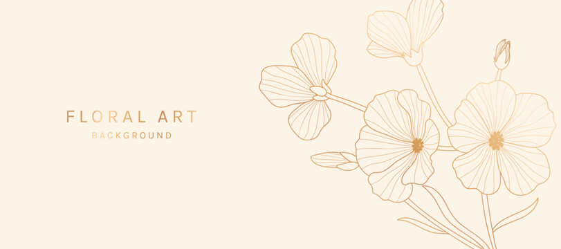 Botanical line art background vector. Natural botanical elegant flower with gold line art. Design illustration for decoration, wall decor, wallpaper, cover, banner, poster, card.