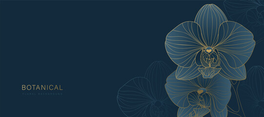 Obraz premium Luxury golden Orchid flower line art background vector. Natural botanical elegant flower with gold line art. Design illustration for decoration, wall decor, wallpaper, cover, banner, poster, card.