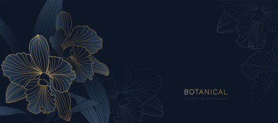 Obraz premium Luxury golden Orchid flower line art background vector. Natural botanical elegant flower with gold line art. Design illustration for decoration, wall decor, wallpaper, cover, banner, poster, card.