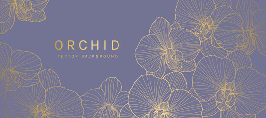 Obraz premium Luxury golden Orchid flower line art background vector. Natural botanical elegant flower with gold line art. Design illustration for decoration, wall decor, wallpaper, cover, banner, poster, card.