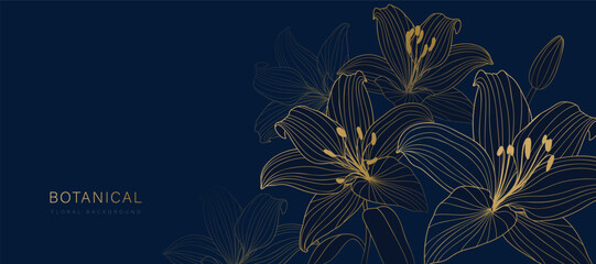 Obraz premium Botanical line art background vector. Natural botanical elegant flower with gold line art. Design illustration for decoration, wall decor, wallpaper, cover, banner, poster, card.