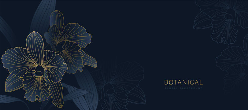 Luxury golden Orchid flower line art background vector. Natural botanical elegant flower with gold line art. Design illustration for decoration, wall decor, wallpaper, cover, banner, poster, card.