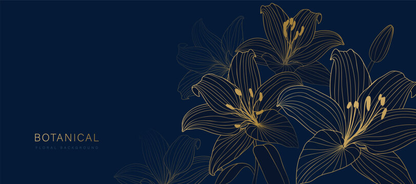 Botanical line art background vector. Natural botanical elegant flower with gold line art. Design illustration for decoration, wall decor, wallpaper, cover, banner, poster, card.