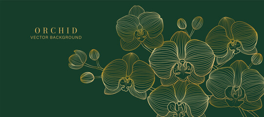 Obraz premium Luxury golden Orchid flower line art background vector. Natural botanical elegant flower with gold line art. Design illustration for decoration, wall decor, wallpaper, cover, banner, poster, card.
