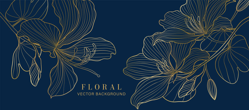 Botanical line art background vector. Natural botanical elegant flower with gold line art. Design illustration for decoration, wall decor, wallpaper, cover, banner, poster, card.