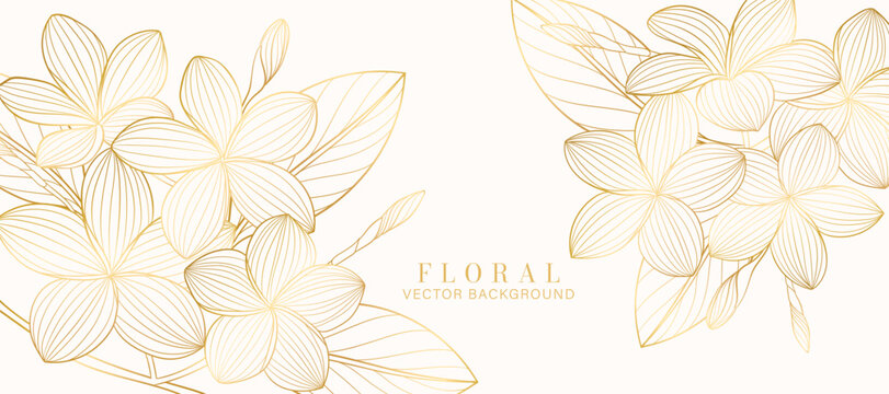 Botanical line art background vector. Natural botanical elegant flower with gold line art. Design illustration for decoration, wall decor, wallpaper, cover, banner, poster, card.