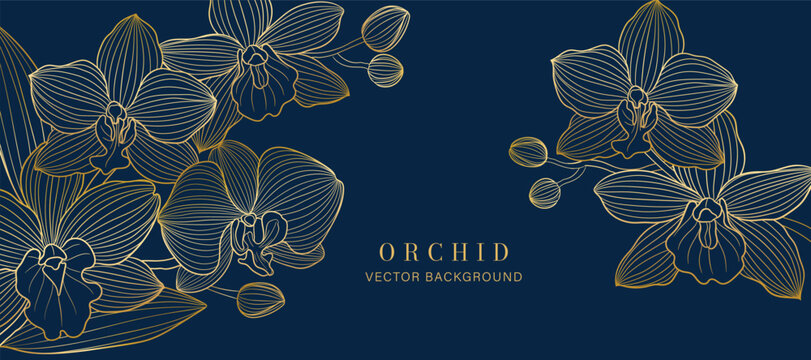 Luxury golden Orchid flower line art background vector. Natural botanical elegant flower with gold line art. Design illustration for decoration, wall decor, wallpaper, cover, banner, poster, card.