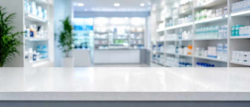 Modern pharmacy interior with minimalist shelving and counter