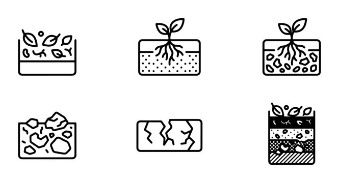 Soil Layers and Growth Icons, Cross-Sectional Earth Strata, Organic Matter and Root Systems, Agricultural and Gardening Concepts, Vector Set